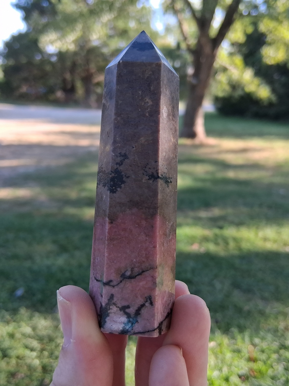 Rhodonite Crystal Tower 3.79" Pink Black Natural Stone Polished Point Picture
